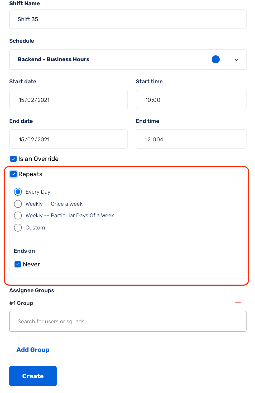 How to configure repeats for override shifts in Squadcast