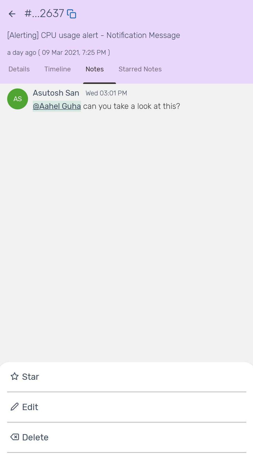 A long press on a note option