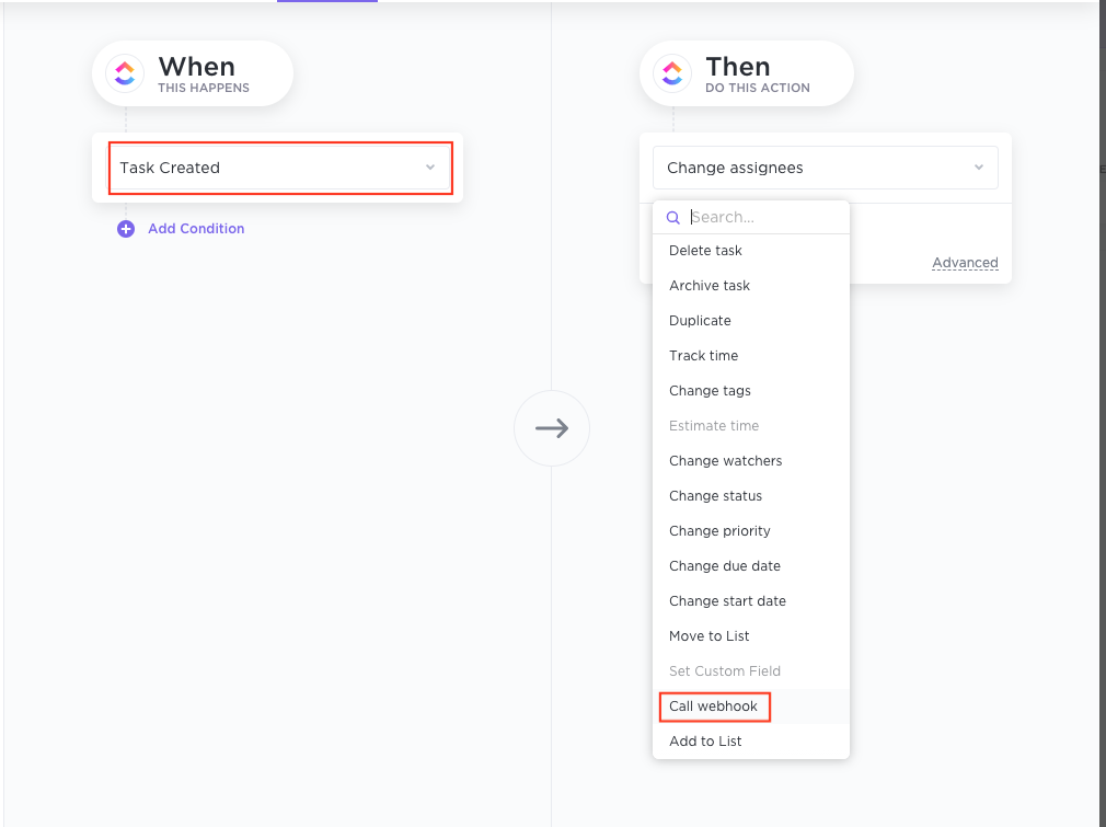 Select the condition for triggering a webhook for Squadcast