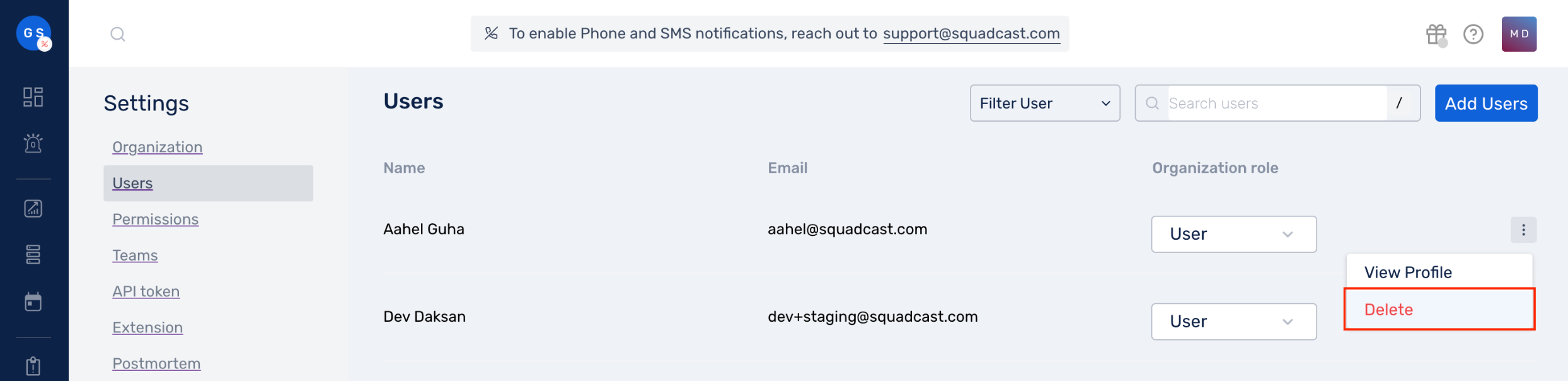 Delete users - How to delete user in Squadcast dashboard