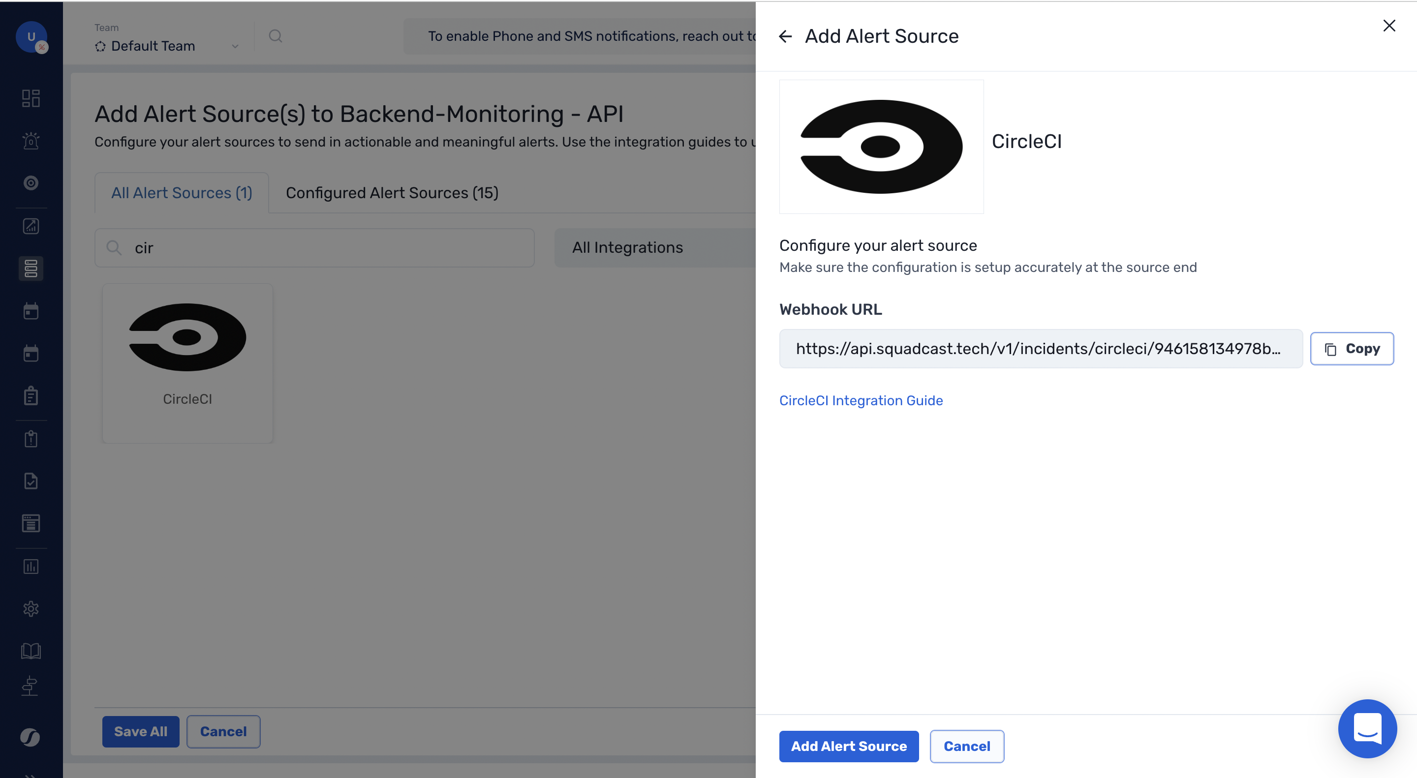 Steps to add CircleCI integration to a service in Squadcast