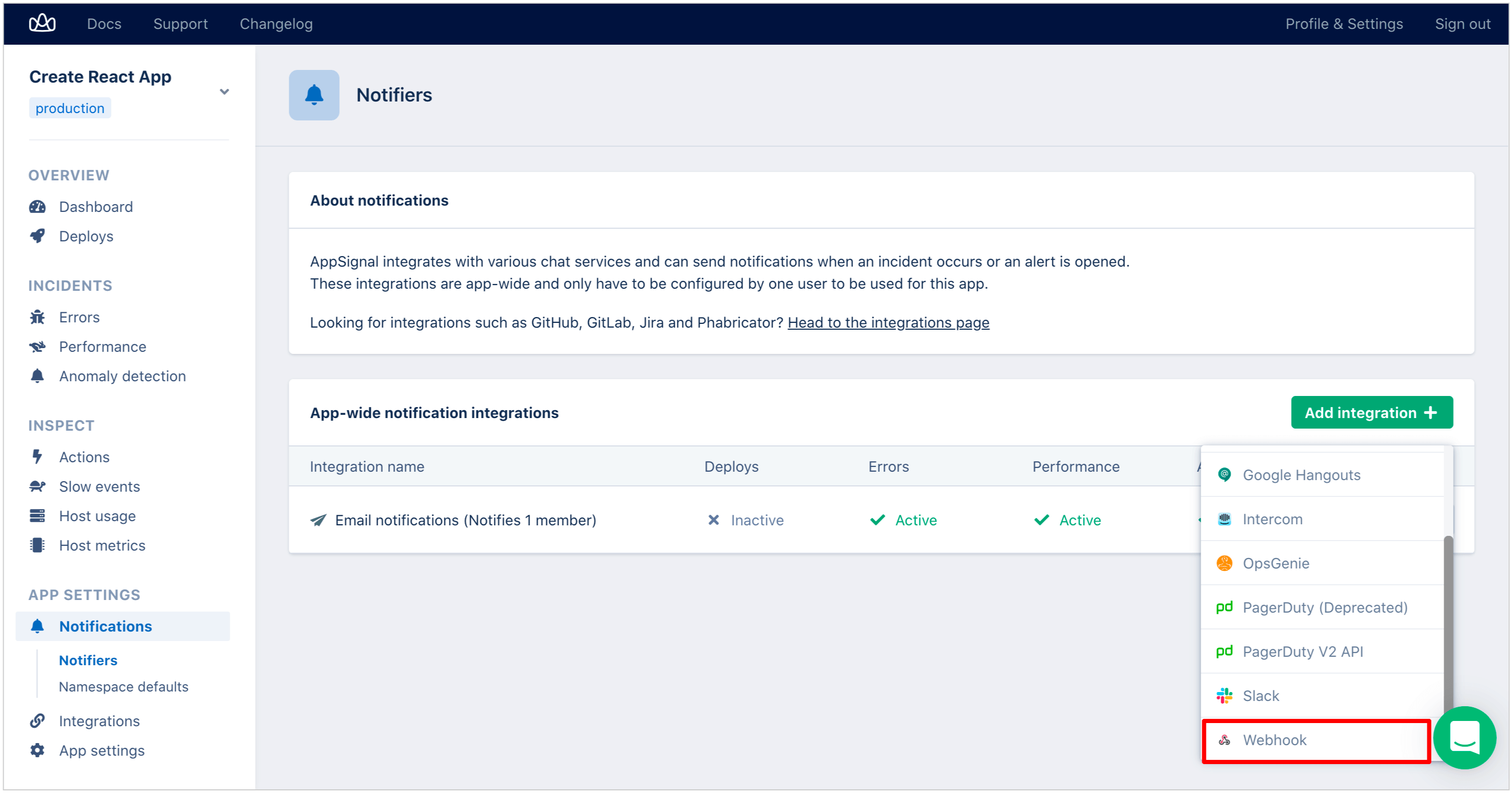 Selection of Webhook in integrations in AppSignal