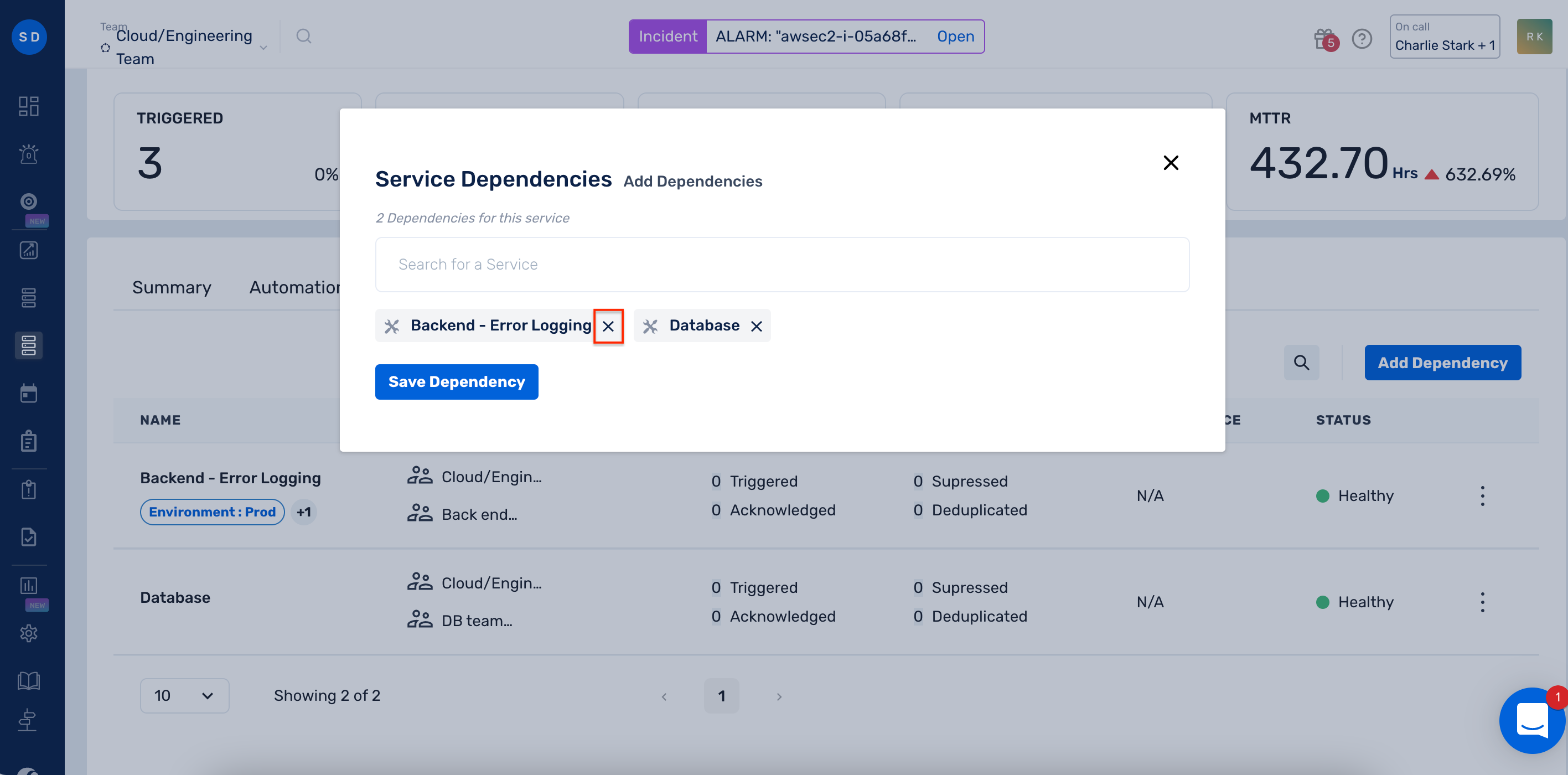 Delete a service dependency in Squadcast