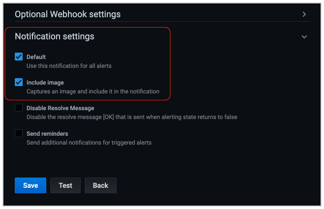 Select the optional webhook settings