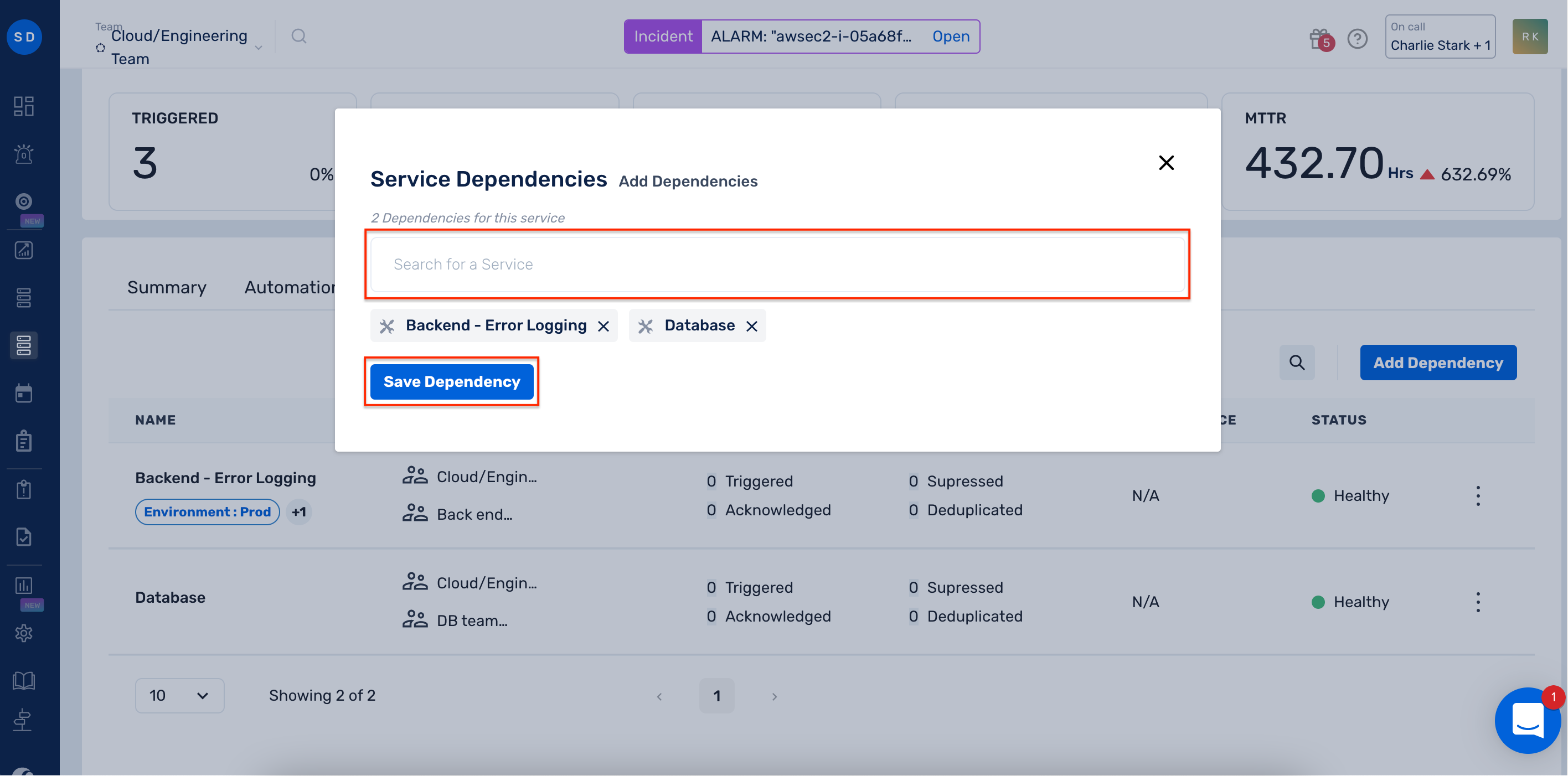 Save Service Dependency in Squadcast