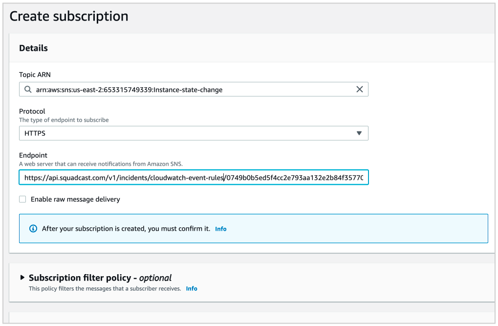 Configuring SNS Endpoint in AWS: Select the protocol as HTTPS and Create subscription