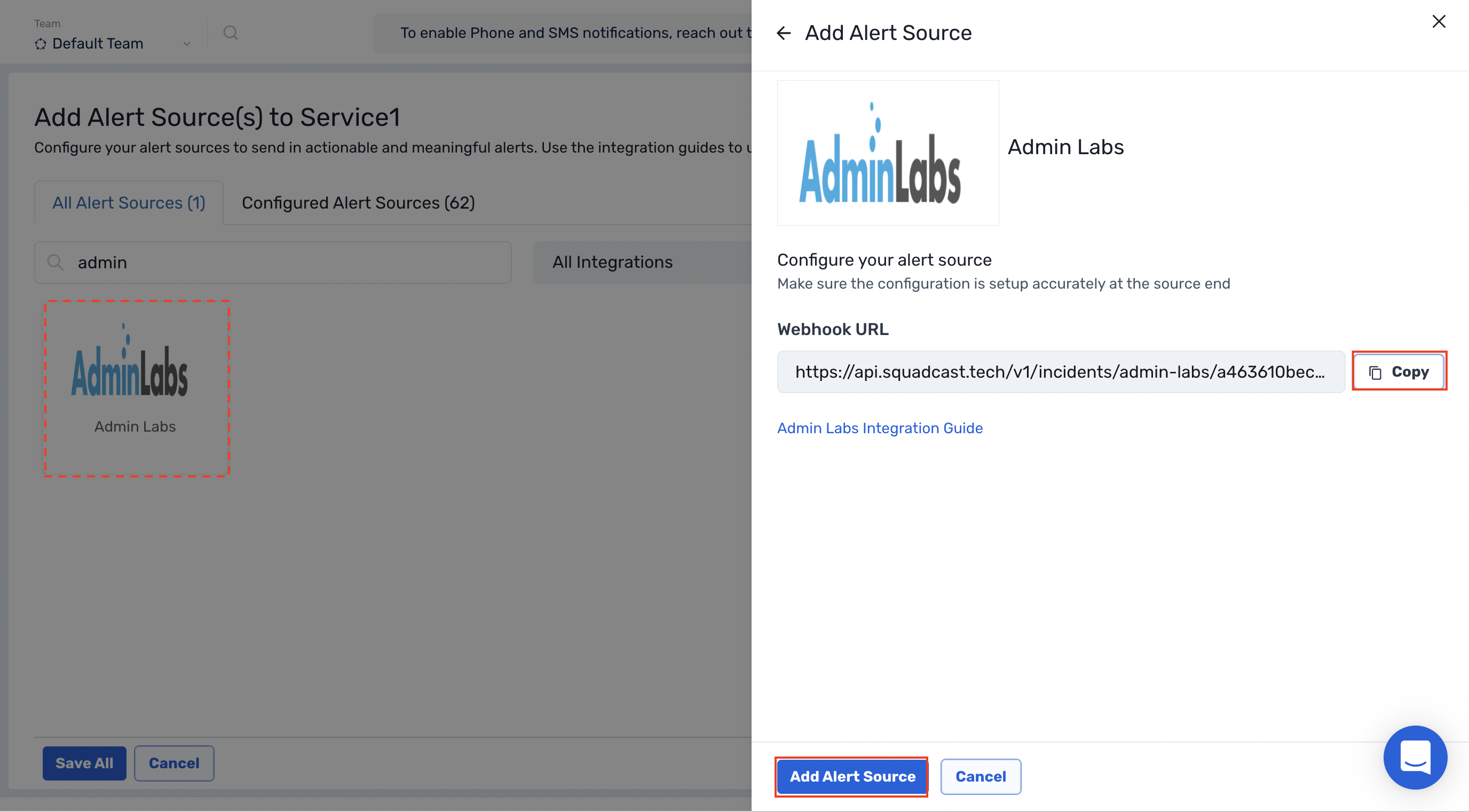 Configuration of admin labs as an alert source using webhook URL