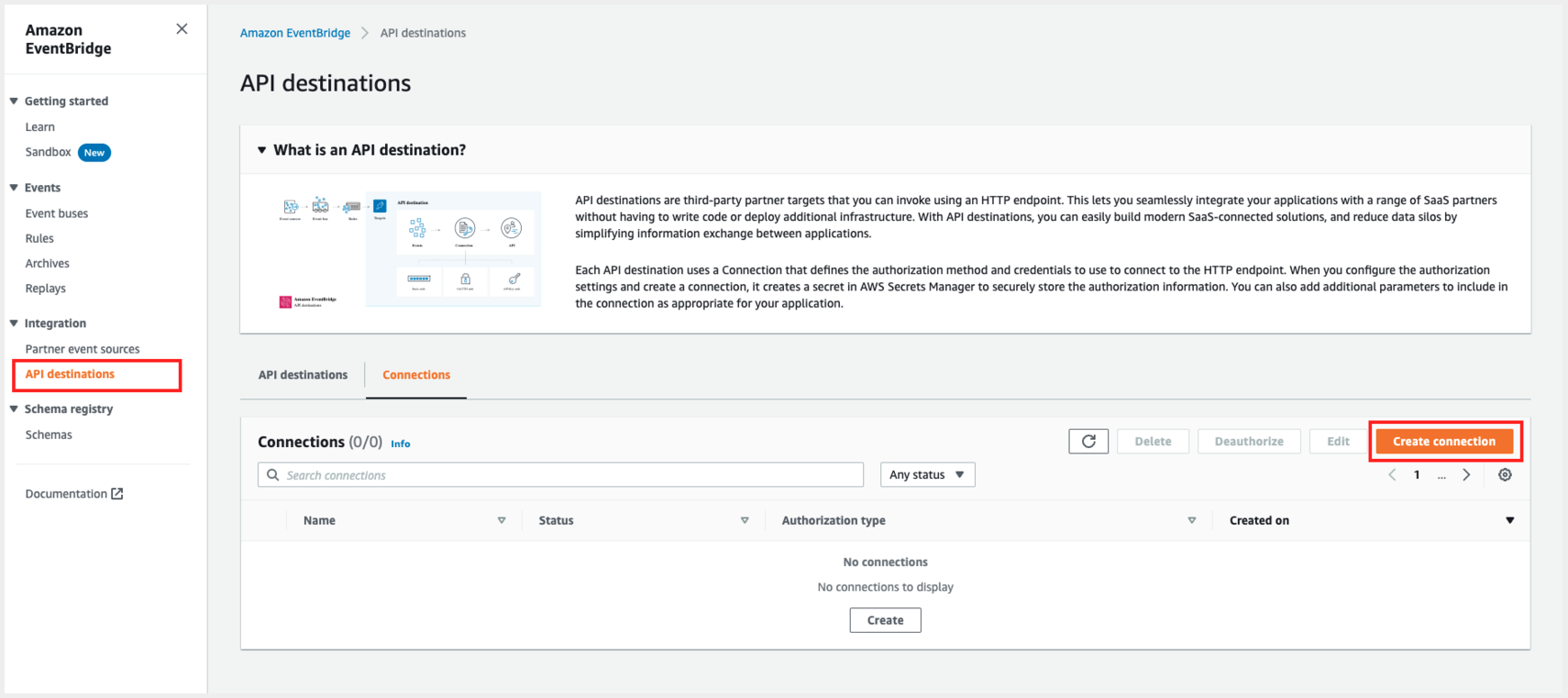 Create Squadcast webhook connections though API destinations in Amazon EventBridge dashboard