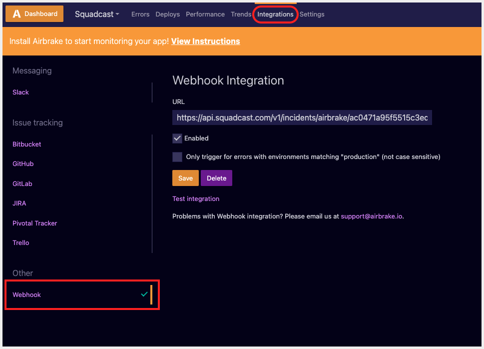 Select integration tab and click on webhook in Airbrake dashboard - step 2
