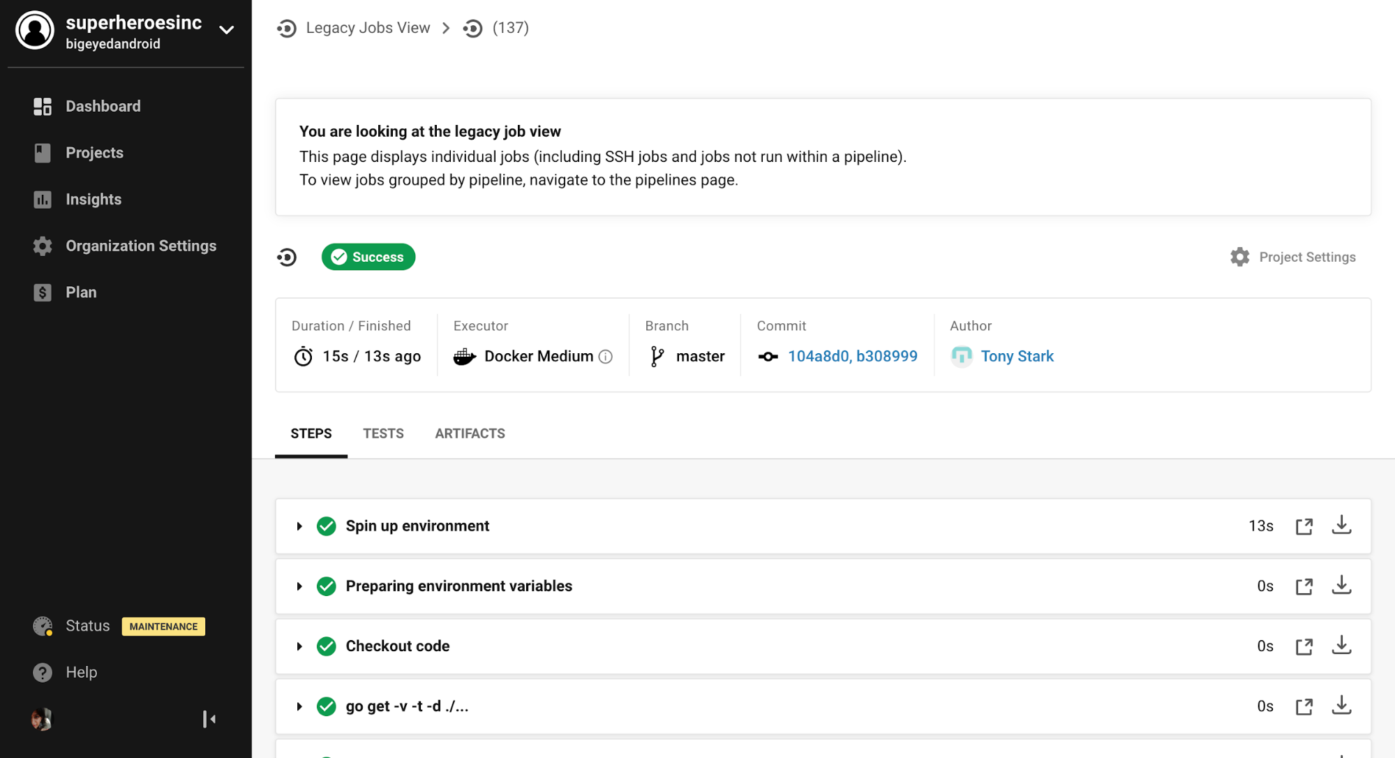 CircleCI job view dashboard