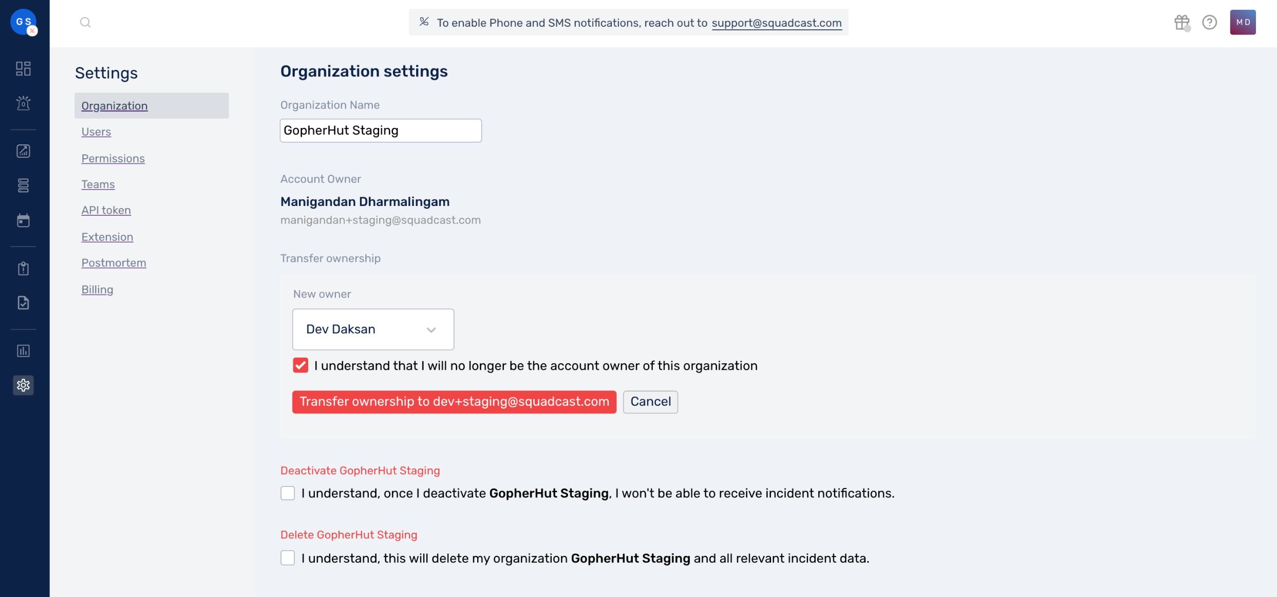 change the account owner in Squadcast