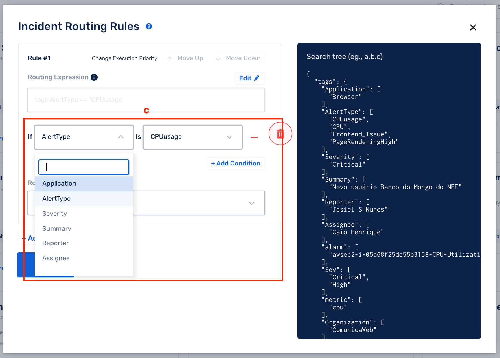 pick the event tag key and value pair for incident routing rules