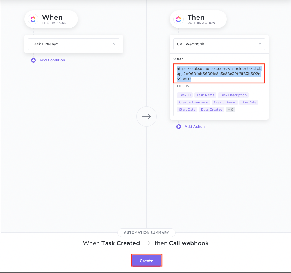 Copy the webhook details in the URL field in ClickUp for incident management