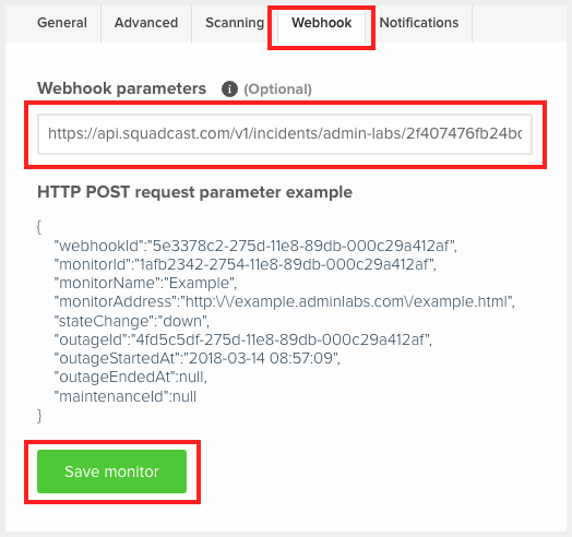 Use webhook URL in webhook parameters to complete Admin Labs integration
